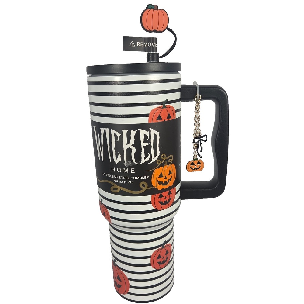 Pumpkin Halloween Tumbler 40 Oz Wicked Home Striped Stainless Steel Charm New